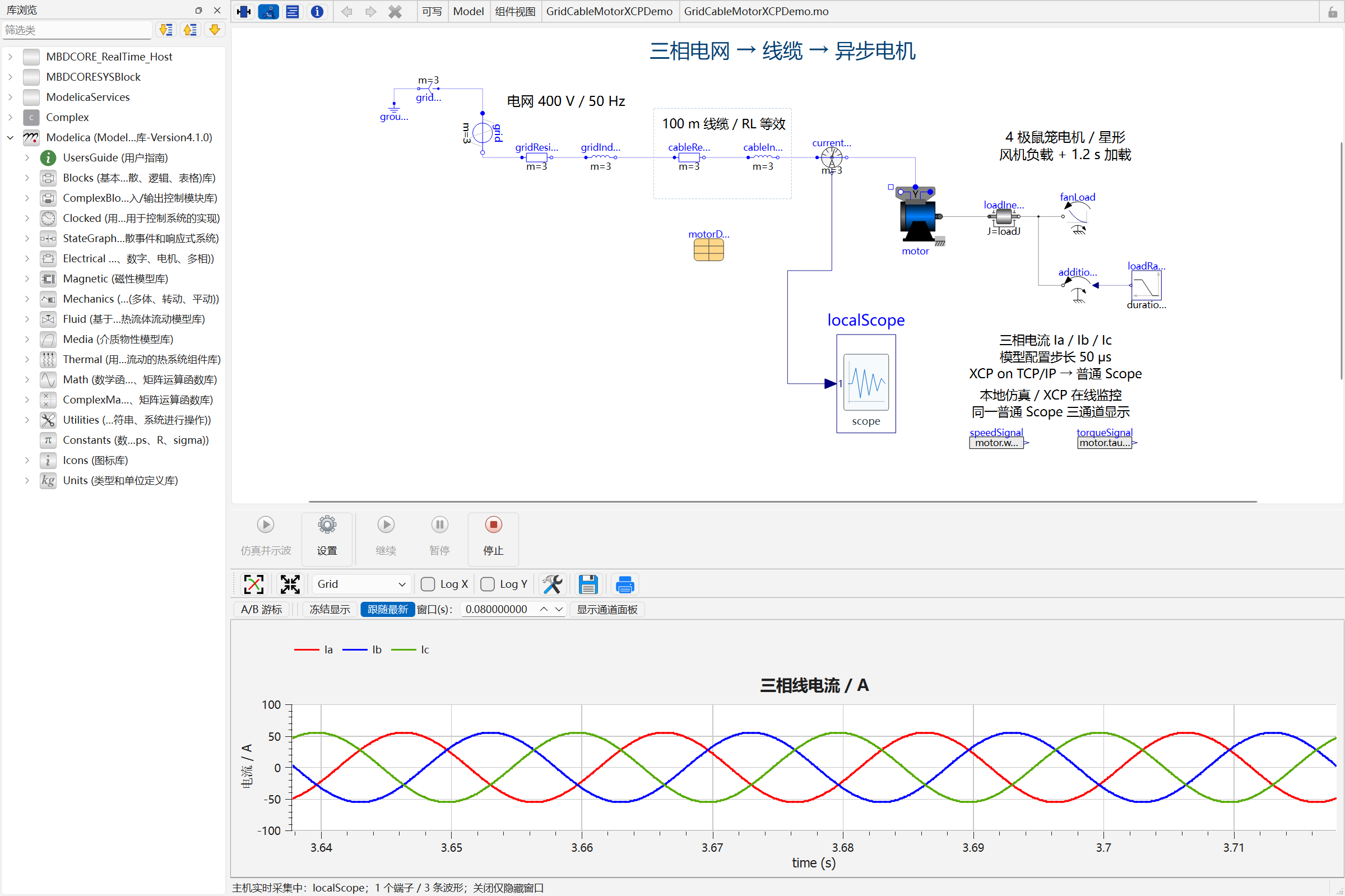 MBDCORE 实时主机执行 GridCableMotorXCPDemo,MBDLink 原生 Scope 通过 XCP 接收并显示 Ia、Ib、Ic 三相电流